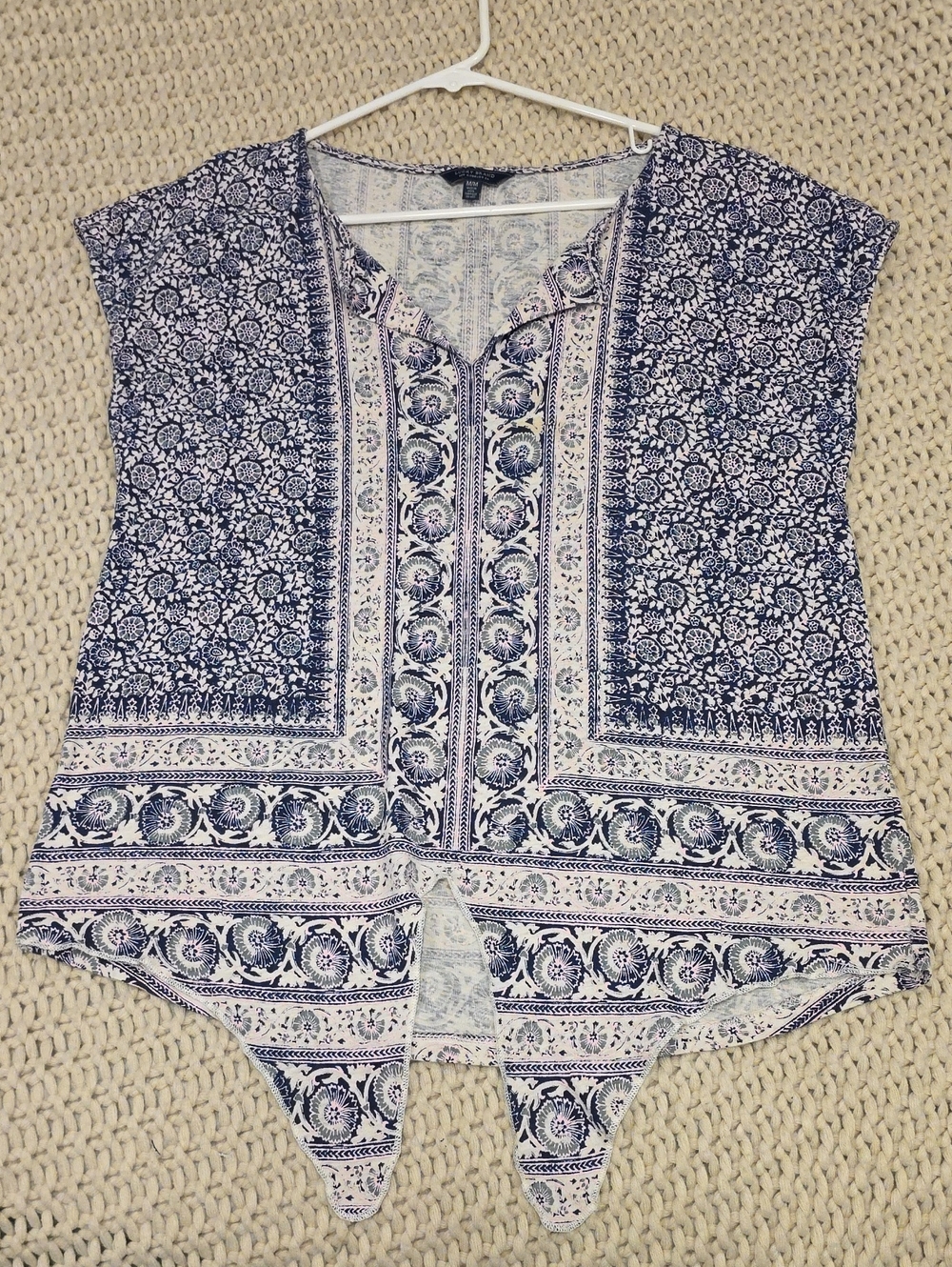 Lucky Brand Navy and White Printed Split-Hem Tunic
